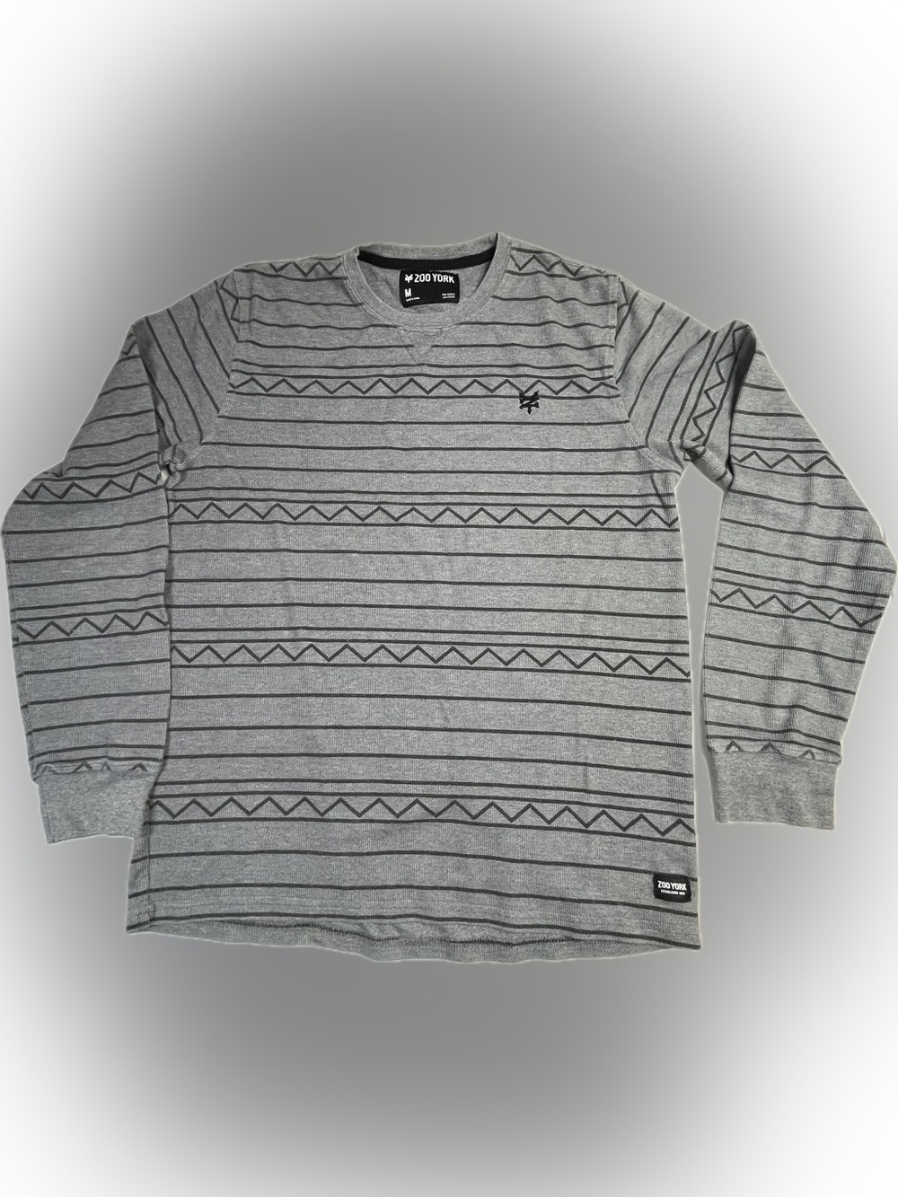 Zoo York Men's Gray Long Sleeve Crewneck with Black Geometric Stripes